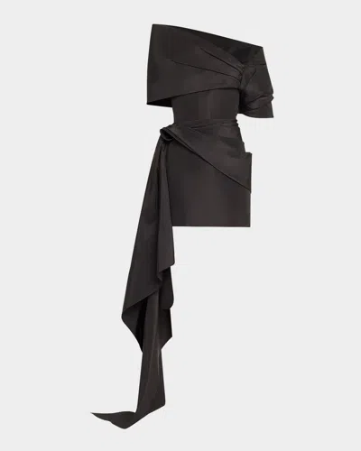 Oscar De La Renta Draped Mini Cocktail Dress With Draped Stole In Black