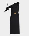 Oscar De La Renta Draped Off-the-shoulder Belted Wool Dress In Black