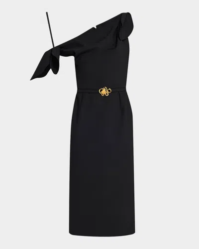 Oscar De La Renta Draped Off-the-shoulder Belted Wool Dress In Black