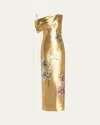 Oscar De La Renta Sleeveless Draped Metal Orchids Column Gown In Gold Multi