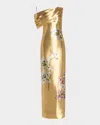 Oscar De La Renta Sleeveless Draped Metal Orchids Column Gown In Gold Multi