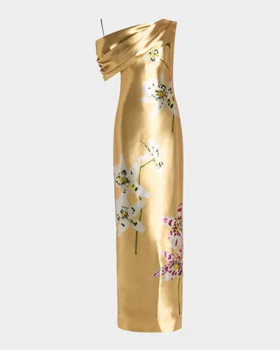 OSCAR DE LA RENTA DRAPED ONE-SHOULDER METAL ORCHID GOWN