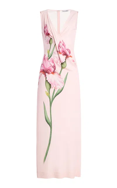 Oscar De La Renta Draped Painted Iris Midi Dress In Pink