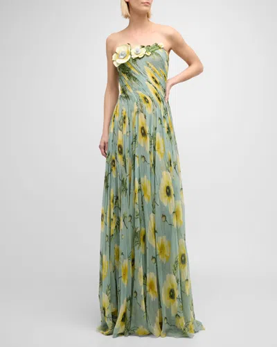 Oscar De La Renta Draped Poppies Chiffon Gown With Threadwork Embroidered Details In Navypink