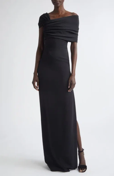 Oscar De La Renta Draped Sleeve Stretch Cady Gown In Black