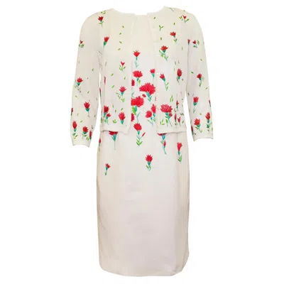 Pre-owned Oscar De La Renta Early 2000s  Carnation Embroidered Dress And Cardigan Ensemble In Sand