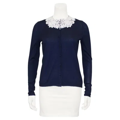 Pre-owned Oscar De La Renta Early 2000s  Navy Cardigan With Crochet Collar In Blue