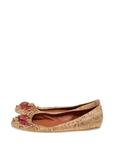 Pre-owned Oscar De La Renta Embellished Ballet Flats In Neutral
