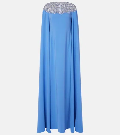 Oscar De La Renta Embellished Caped Silk-blend Gown In Blue