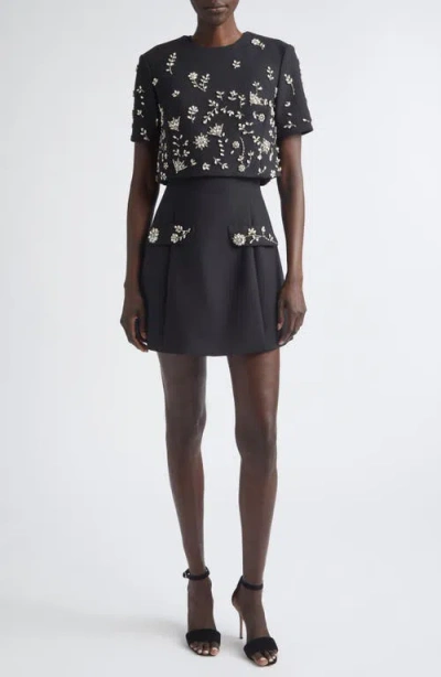Oscar De La Renta Embellished Crystal Flowers Stretch Wool Cocktail Dress In Black