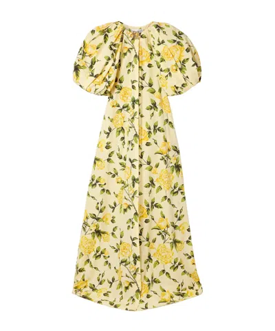 Oscar De La Renta Embellished Gathered Floral-print Cotton-blend Poplin Gown In Multi