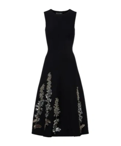 Oscar De La Renta Embroidered Foxglove Sleeveless Midi Dress In Black
