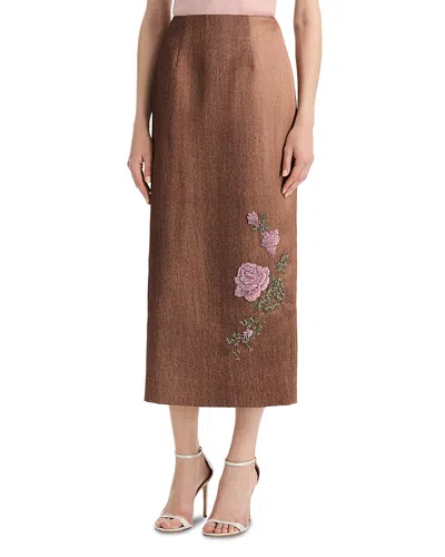 Oscar De La Renta Embellished Satin Skirt In Brown