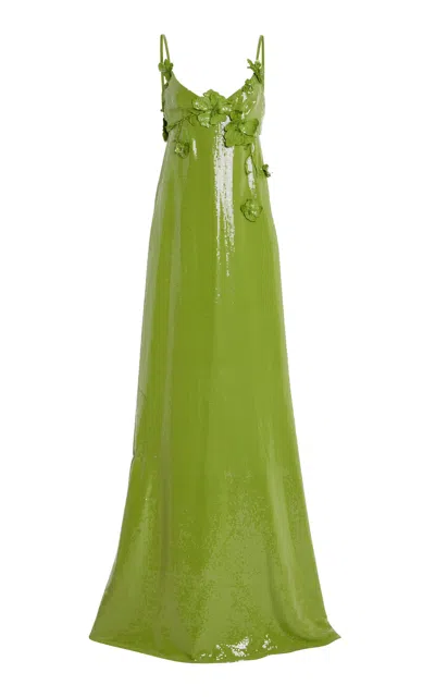 Oscar De La Renta Embellished Sequined Jersey Gown In Green