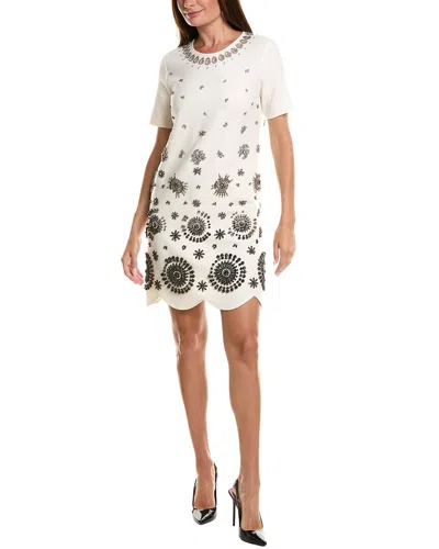 Oscar De La Renta Embellished Stretch Silk-lined Wool-blend Shift Dress In White