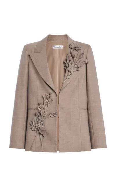 Oscar De La Renta Embellished Stretch-wool Jacket In Brown