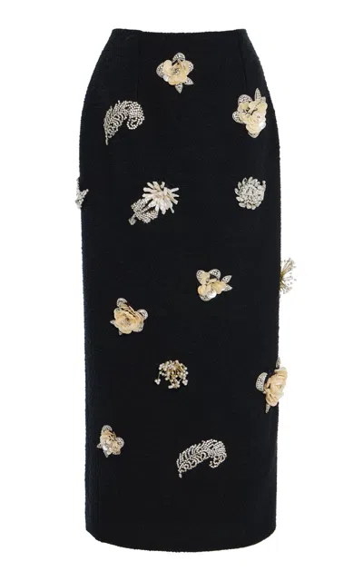 Oscar De La Renta Embellished Tweed Midi Skirt In Black