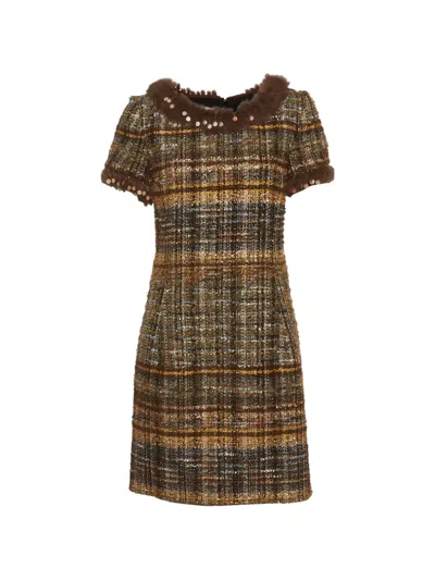Pre-owned Oscar De La Renta Embellished Tweed Mini Dress In Brown