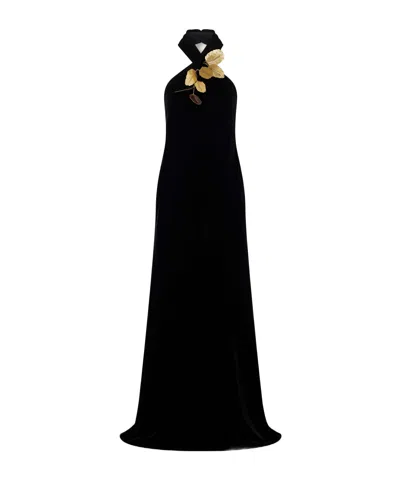 Oscar De La Renta Embellished Velvet Halterneck Gown In Black