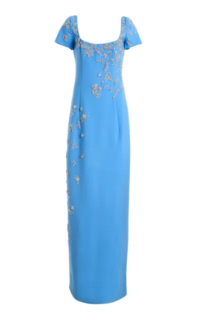Oscar De La Renta Embroidered Alpine Meadow Wool-blend Gown In Blue
