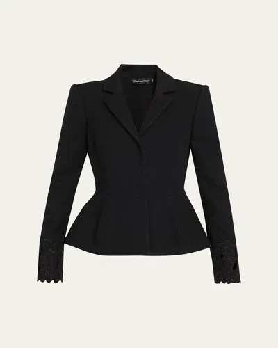 Oscar De La Renta Embroidered Boucle Peplum Suit Jacket In Black