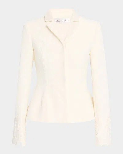 Oscar De La Renta Embroidered Boucle Peplum Suit Jacket In Neutral