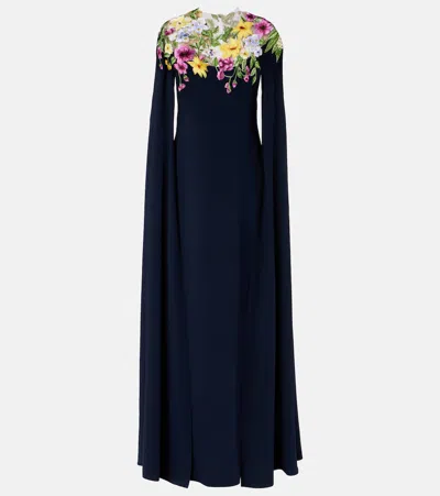 Oscar De La Renta Cape-effect Floral-embroidered Silk-blend Georgette Gown In Blue