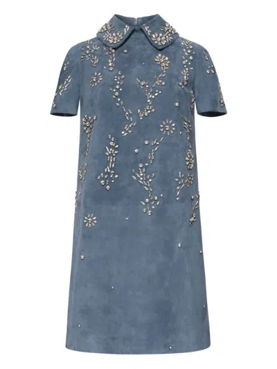 Oscar De La Renta Embroidered-collar Dress In Blue