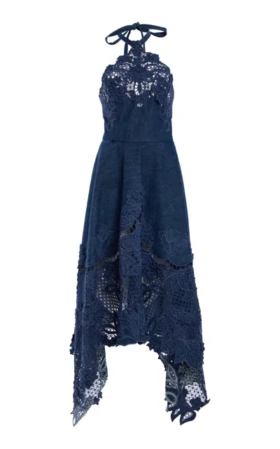 Oscar De La Renta Embroidered Cotton-guipure Midi Dress In Blue