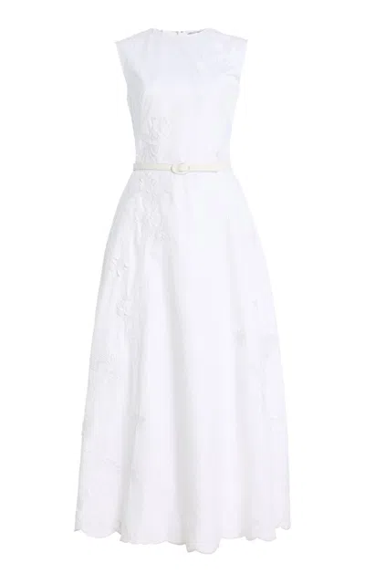 Oscar De La Renta Embroidered Cotton Poplin Sateen Midi Dress In White