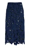 Oscar De La Renta Embroidered Cutout Denim Midi Skirt In Dark Wash