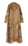 Oscar De La Renta Embroidered Cutout Sateen Cotton Trench Coat In Brown