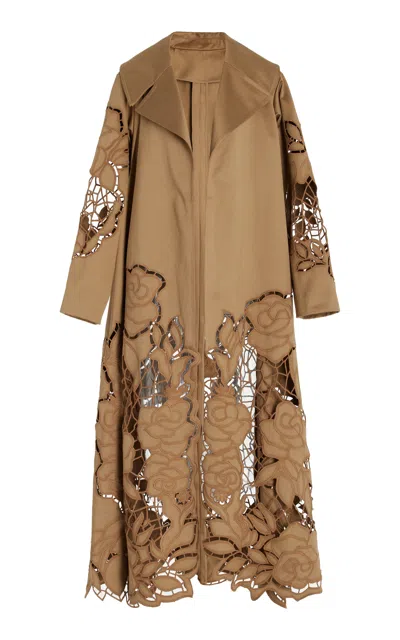 Oscar De La Renta Embroidered Cutout Sateen Cotton Trench Coat In Brown