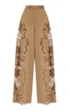 Oscar De La Renta Embroidered Cutout Sateen Cotton Wide-leg Pants In Brown