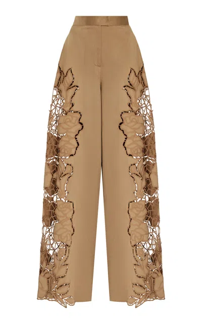 Oscar De La Renta Embroidered Cutout Sateen Cotton Wide-leg Pants In Brown