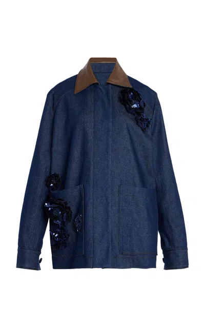 Oscar De La Renta Embroidered Denim Jacket In Dark Wash