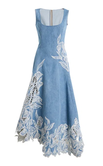 Oscar De La Renta Embroidered Denim Midi Dress In Blue