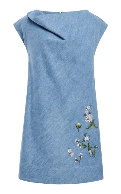 Oscar De La Renta Embroidered Denim Mini Dress In Brown