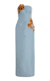 Oscar De La Renta Embroidered Faille Gown In Blue
