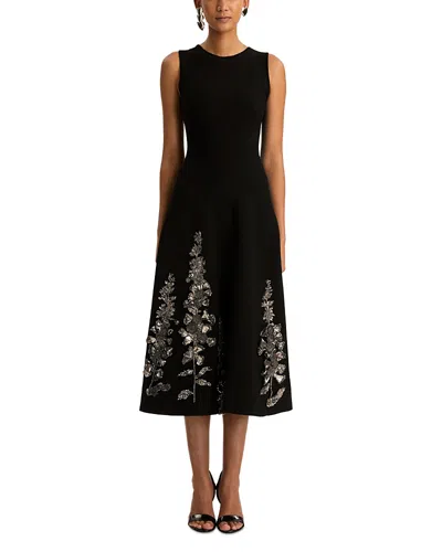 Oscar De La Renta Embroidered Feather Jacquard Dress In Black