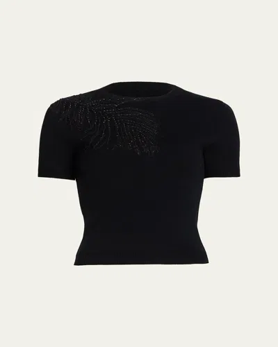 Oscar De La Renta Embroidered Feather Short-sleeve Sweater In Black
