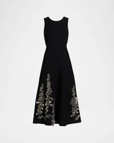 Oscar De La Renta Embroidered Foxglove Sleeveless Midi Dress In Black