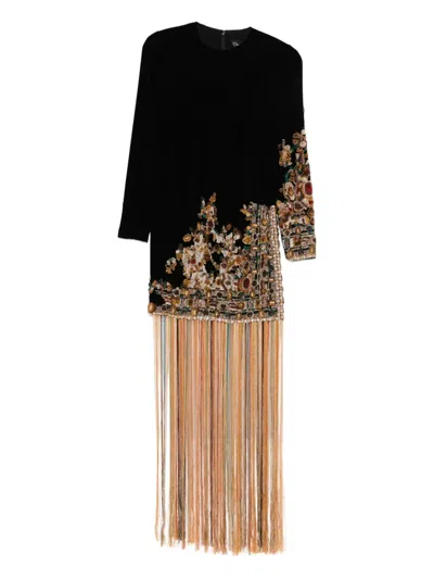 Pre-owned Oscar De La Renta Embroidered Fringed Dress In Black