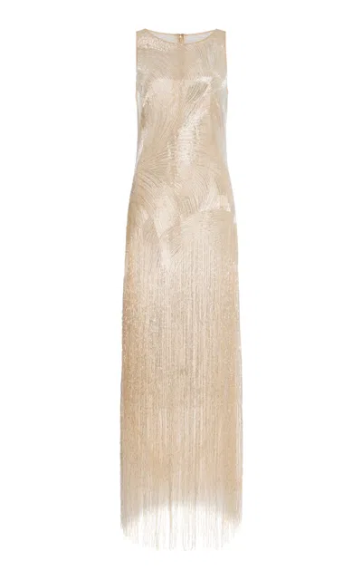 Oscar De La Renta Embroidered Fringed Gown In Brown