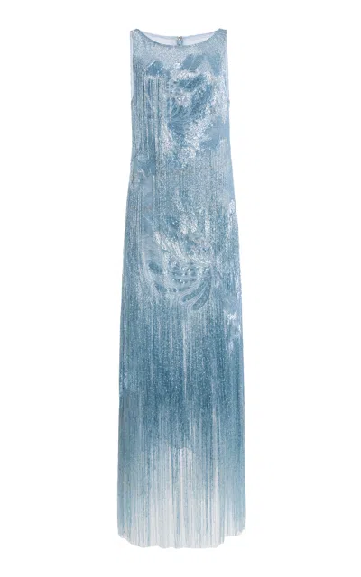 Oscar De La Renta Embroidered Fringed Gown In Blue
