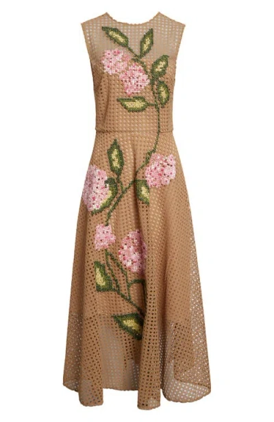 Oscar De La Renta Embroidered Geo Guipure Lace Dress In Brown