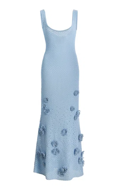 Oscar De La Renta Embroidered Knit Cotton Mesh Midi Dress In Blue