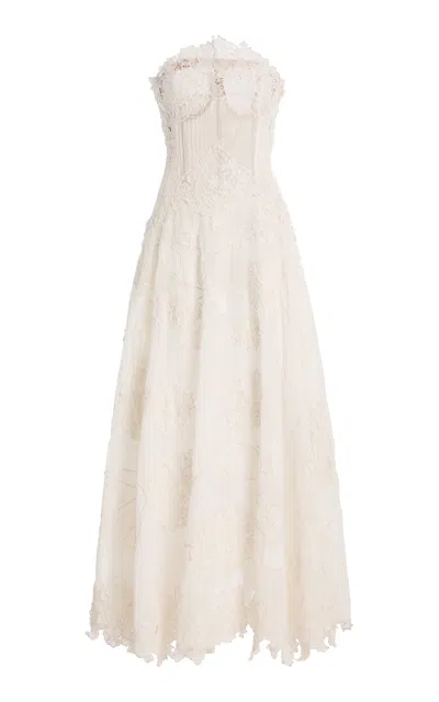 Oscar De La Renta Embroidered Lace Cotton Gown In Neutral