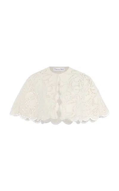 Oscar De La Renta Embroidered Lace Wool-tweed Cape In Neutral