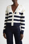 Shop Oscar De La Renta Embroidered Orchid Stripe Wool Cardigan In Navy/ivory